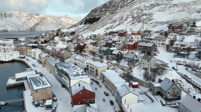 Snowy Arctic Honningsvag City in Norway. Drone View. Skyline