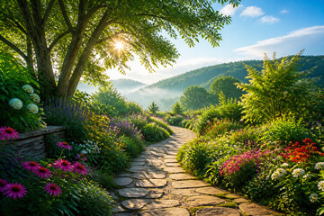 Obraz premium A sunlit, winding stone path leads through a lush, vibrant garden nestled in rolling green hills.