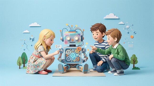 Paper art style illustration of children exploring robotics and engineering with a small toy robot in a classroom.