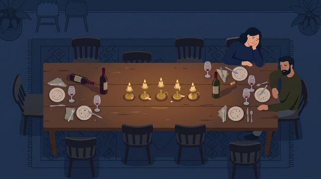 Couple lingering at dining table after holiday dinner conversation vector illustration featuring dim lighting, wooden furniture, and quiet emotional atmosphere for editorial design.