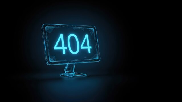 Glowing blue 404 error message on a wireframe computer monitor display