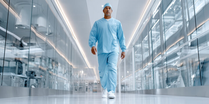 Emergency Physician Moving Through Contemporary Hospital Department for Medical Advertising Campaigns

