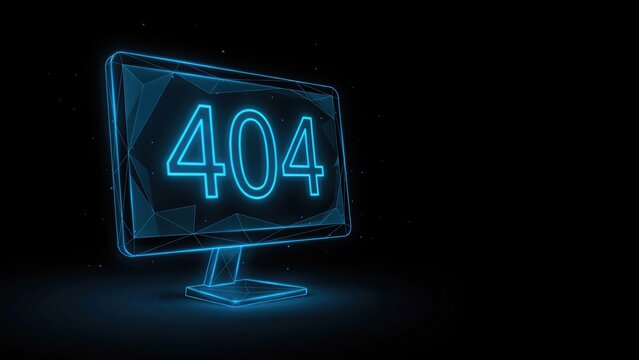 Glowing blue neon 404 error message displayed on a wireframe computer monitor