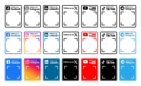 Social Media Icons,Facebook,Instagram,Twitter ,YouTube,Telegram ,LinkedIn with qr code ,follow us on social media.QR Code Scanner.Vector Editorial
