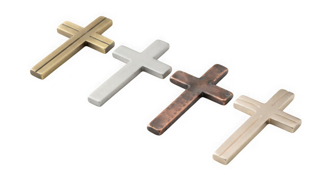 Four different metal crosses arranged in a row isolated on transparent background
