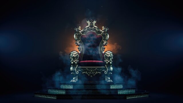 Ornate golden throne with lion accents and red velvet cushion surrounded by dark smoke