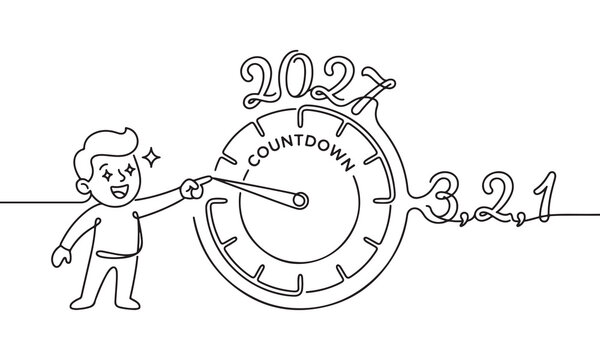 Single continuous line of a happy boy pointing at a countdown clock showing the year 2027 with the numbers three, two, and one written next to it on a white background