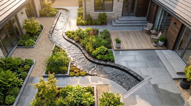 modern landscaped backyard garden with a winding water stream and lush green plants.
