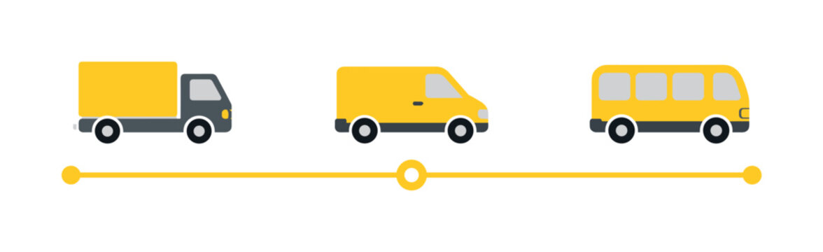 Set of three yellow transport vehicle icons arranged horizontally on a simple timeline graphic