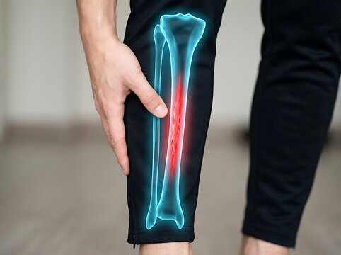 Man holding his leg with highlighted glowing tibia bone suffering from shin splint pain