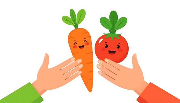 Cartoon Hands Holding a Smiling Carrot and Tomato