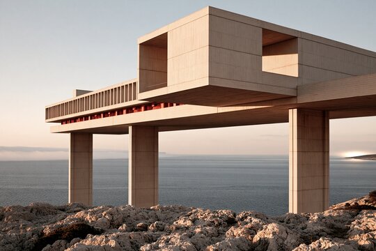 Linear concrete coastal building elevated on slender columns above rugged rocks with expansive ocean views in soft morning light Theme of minimalist architecture