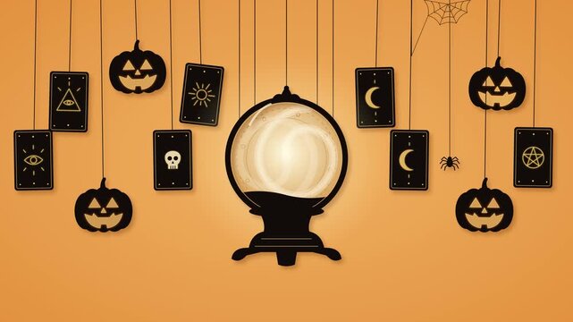 Looping Halloween animation in paper cut style. A crystal ball with swirling mist glows in the center while tarot cards and jack o lantern pumpkins swing on strings and a spider hangs from its web.