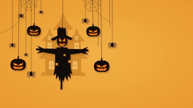 Looping Halloween animation in paper cut style. A scarecrow with a glowing evil face swings in front of a faded haunted house while jack o lantern pumpkins and spiders hang on strings.