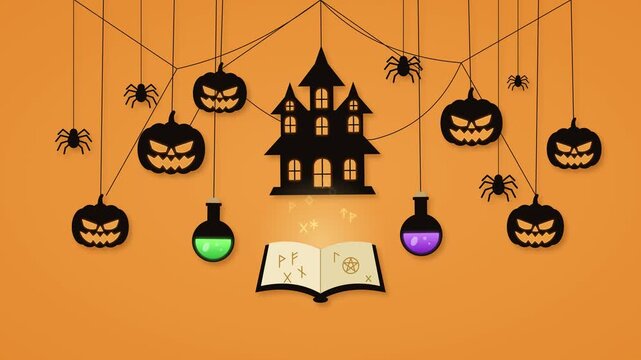 Looping Halloween animation in paper cut style. Glowing runes rise from an open spell book between a green and a purple potion bottle, under a haunted house with hanging pumpkins.