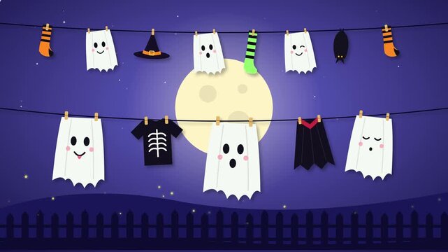 Looping Halloween animation of a whole ghost family drying on two clotheslines in front of a big full moon, with witch hats, a vampire cape, a skeleton shirt, socks and a sleeping bat.