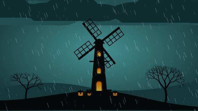 Looping Halloween animation of an old windmill with rotating blades on a hill during a storm. Windows glow, jack o lantern pumpkins flicker, lightning strikes and rain falls on a teal night sky.