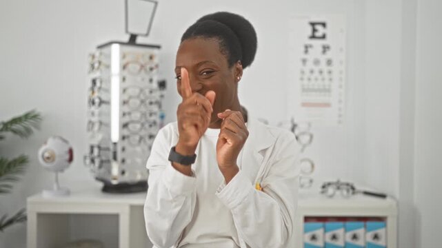 Woman optician pointing finger and smiling in clinic with hands near face and glasses display and eye chart visible; friendly care joy.
