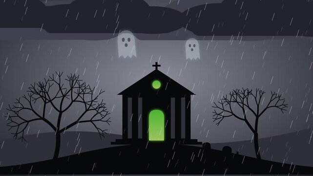 Looping Halloween animation of a stone crypt with a green glowing door on a graveyard hill. Two ghosts float above the roof while lightning flashes and rain falls on a gray stormy sky. 