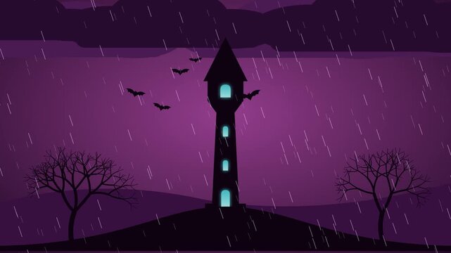 Looping animation of a tall wizard tower silhouette with cyan glowing windows on a hill. Bats fly around the roof while lightning flashes and rain falls on a magenta night sky. Seamless 6 second loop.