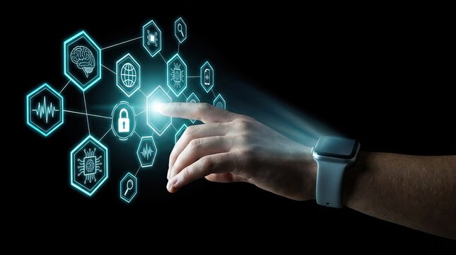 A person interacting with a futuristic digital interface displaying glowing security icons and data protection concepts in a dark setting