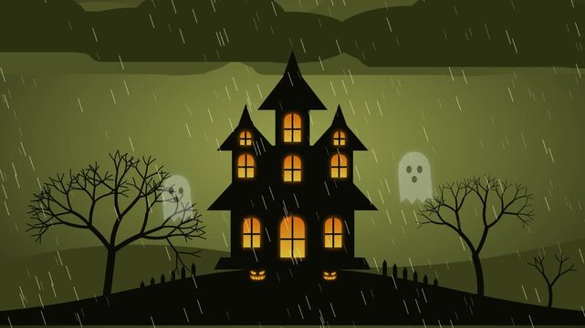 Looping Halloween animation of a haunted mansion silhouette with orange flickering windows on a hill. Two ghosts float beside the house, pumpkins glow, lightning strikes and rain falls.