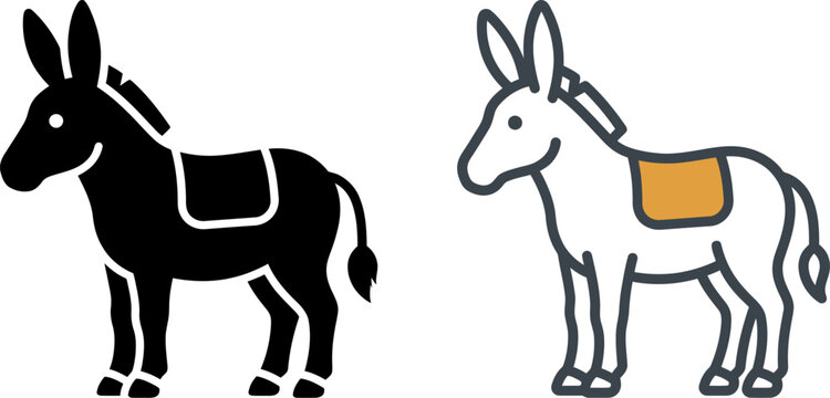 Set of cute donkey icons and line art vector illustrations representing farm animals, pets, and agriculture themes for creative graphic design projects.