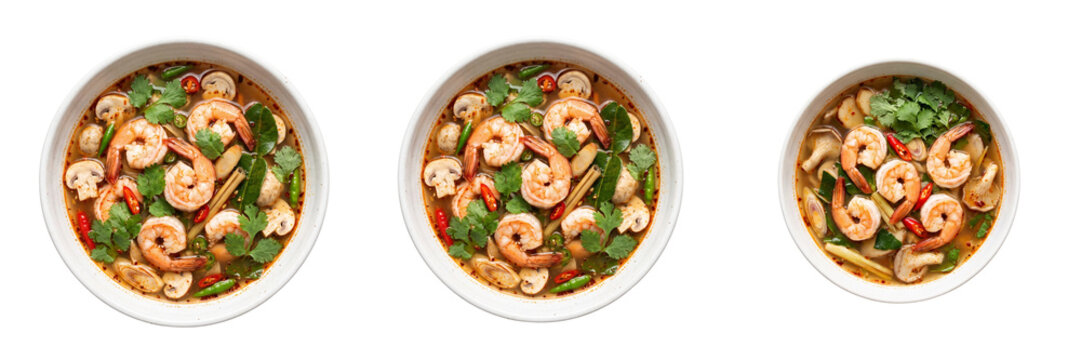 Three bowls of Tom Yum soup with shrimp and mushrooms isolated on a transparent background 