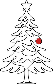 Christmas tree continuous line drawing with red ornament isolated on white