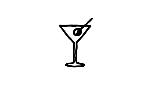 Cocktail Glass For Drinks And Bartending Hand Drawn Doodle Animation. Martini Glass And Cocktail Bar Symbol. Beverage Menu And Party Invitation Element. 4K Loop With Alpha Channel.