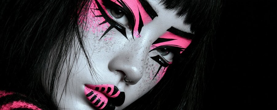 Close-up beauty portrait with black hair bold pink graphic eyeliner striped lips freckles and a dark background Expression of alternative makeup artistry