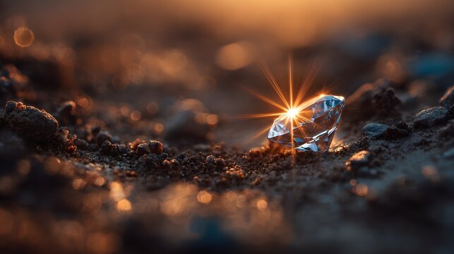 Diamond on gritty ground with intense sunstar and warm evening light