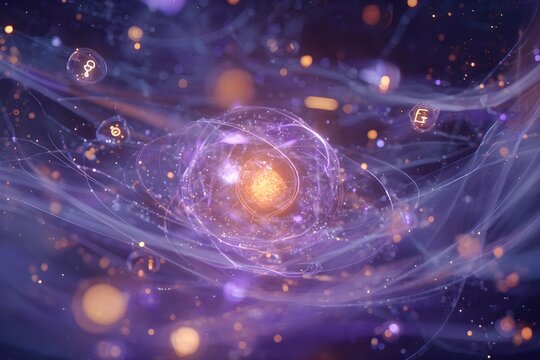 abstract glowing particle vortex with floating tech icons