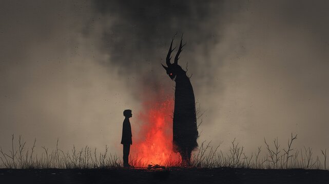 Silhouette of a person standing before a dark horned entity