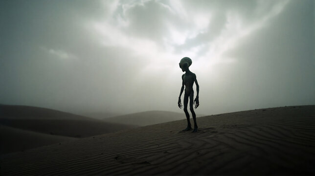 Extraterrestrial alien standing in a desolate desert landscape. Grey humanoid creature on sand dunes under a hazy sky. Science fiction concept