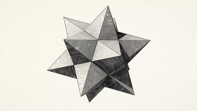 Rotating Stellated Dodecahedron in Vintage Engraving Line Art Style