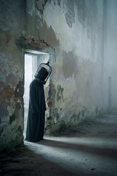Vertical photo of a mysterious figure in a black cloak with a birdcage head. Surreal person standing in the doorway of an abandoned ruined building. Psychological concept of feeling trapped