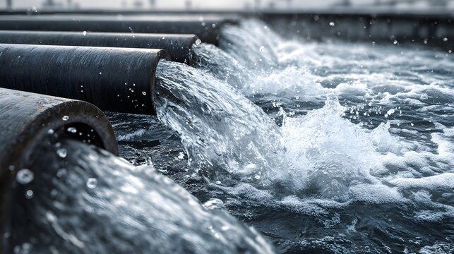 metal pipes discharging flowing water into an industrial basin