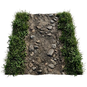 Top view of a narrow rural dirt path surrounded by lush green grass patches