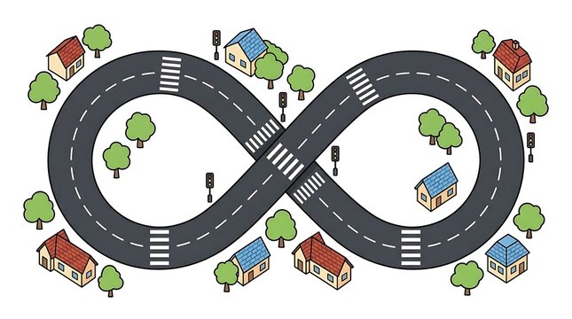 An infinity loop roadway illustration features houses trees and traffic lights in a colorful design street