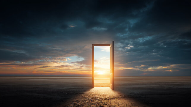 Bright open doorway leading toward a beautiful sunrise landscape, symbolic opportunity, freedom, equality and dreams, Martin Luther King Jr. Day concept, cinematic photorealism, dramatic natural light