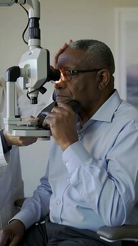 Vertical video: Sitting man in blue shirt at clinic dr tuning slitlamp peering into scope for exam