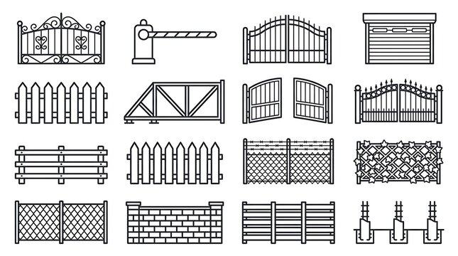 Collection of various wrought iron gates and fencing depicted as a black and white vector illustration