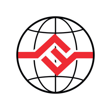 Minimalist globe emblem with a bold red geometric symbol centered on a white background design