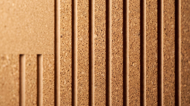 Textured brown cork with vertical grooves and shadow play keywords: cork, texture, brown