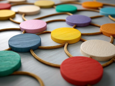 Multiple colorful wooden circles connected by thin elegant lines into a harmonious network, symbolic community, equality and inclusion, Martin Luther King Jr. Day concept