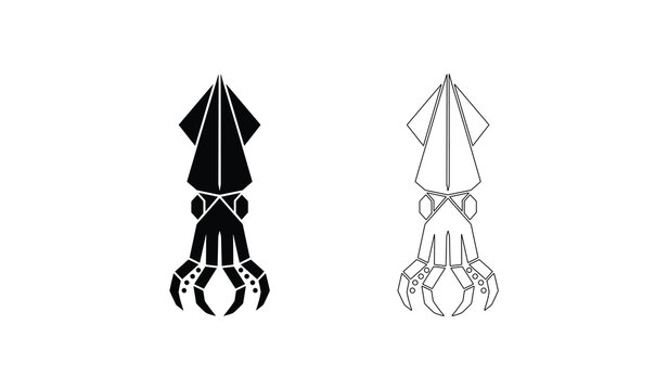Origami squid vector illustrations in solid black and outline