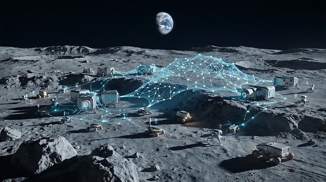 Futuristic moon base with connected digital network and glowing lights on the lunar surface with planet earth in the dark sky