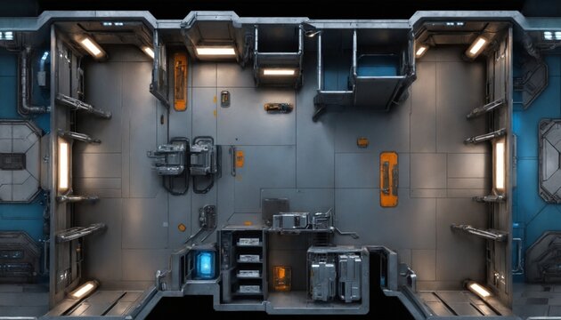 Top-down sci-fi spaceship laboratory battle map with workbenches and equipment for tabletop role-playing games, gridless, 28x16 squares at 100 px