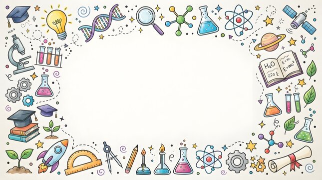 Colorful Science and Education Doodle Border with Mathematics, Laboratory, Technology, and Space Icons
